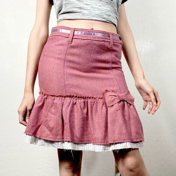 Anthropologie Vintage y2k Pink Tweed Trumpet Peplum Hem Mini Skirt - Picture 1 of 9